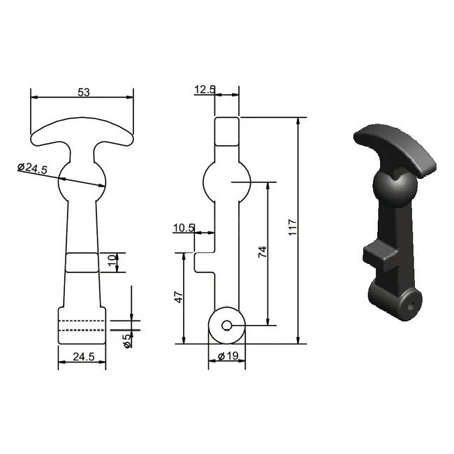 Închizător capotă 120mm mecanism blocare detaliu construcție robustă