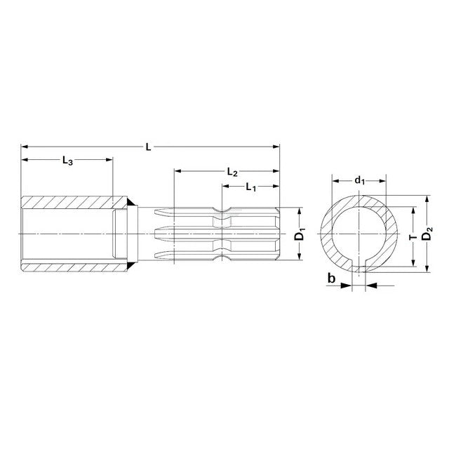 Adaptor cardan extensie Ø30 Z6 vedere completă ax bucșă canelată