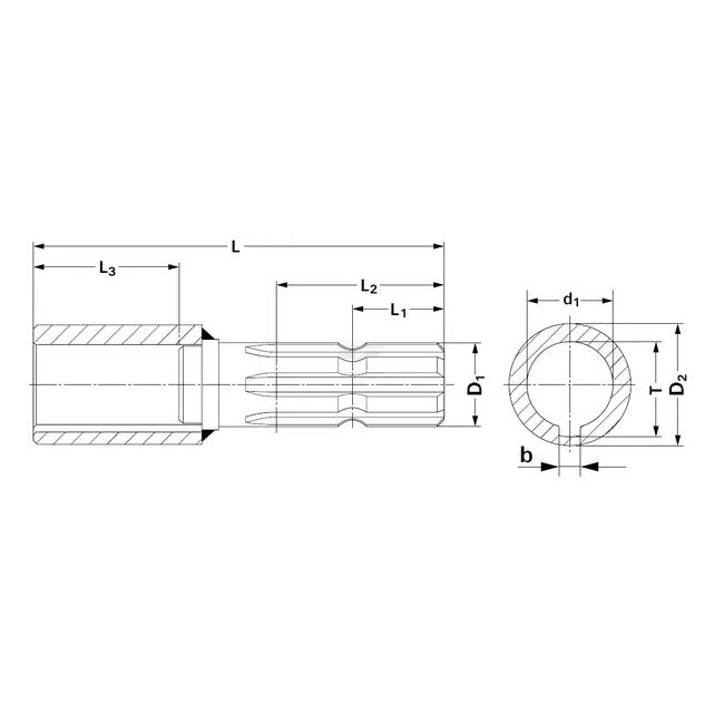 Adaptor cardan extensie Ø35 Z6 vedere completă ax bucșă canelată