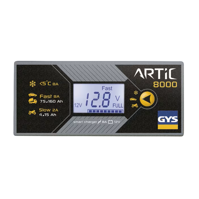 Panou de comandă GYS ARTIC 8000, cu afișaj digital de 12,8 V, indicatoare pentru modurile de încărcare și buton de selecție – 029590GYS