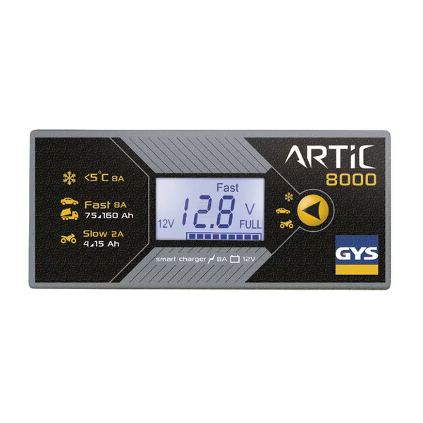 Panou de comandă GYS ARTIC 8000, cu afișaj digital de 12,8 V, indicatoare pentru modurile de încărcare și buton de selecție – 029590GYS