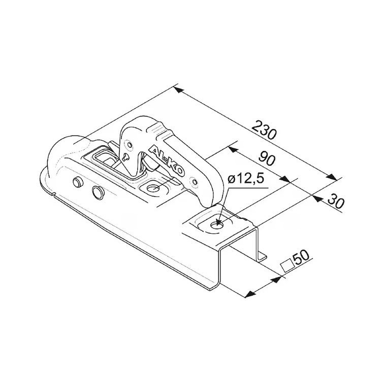 Desen tehnic cu dimensiunile cuplajului cu cap sferic AL-KO AK7D Plus pentru ax pătrat de 50 mm, cod 1224334