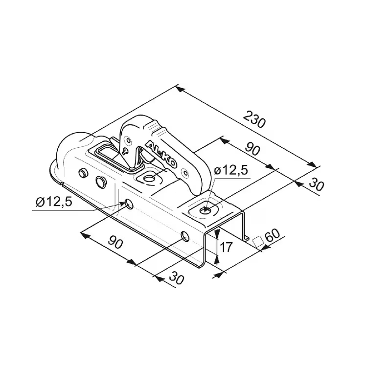 Desen tehnic cuplaj AL-KO AK7E Plus, lungime 230 mm, ax pătrat 60 mm, orificii Ø12,5 mm la distanță de 90 mm, cod 1224743