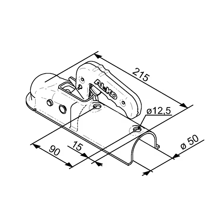 Desen tehnic cuplaj remorcare 1367023: ax rotund 50 mm, lungime 215 mm, orificii de montare 12,5 mm și distanță între orificii 90 mm
