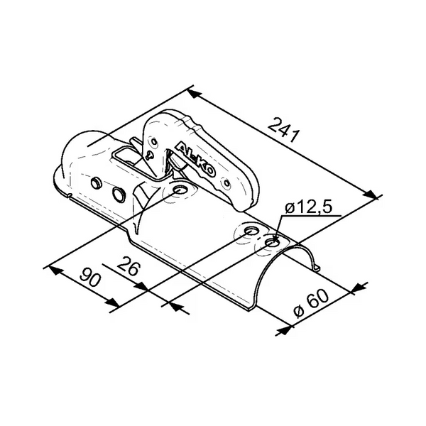 Desen tehnic cuplaj remorcare 1367024: ax rotund 60 mm, lungime totală 241 mm, orificii de montare 12,5 mm, distanțate la 90 mm