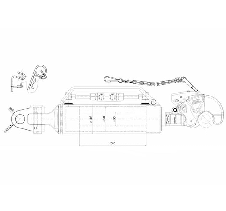 Desen tehnic lateral al tirantului central hidraulic CBM Cat. 3/3, cod 3PHGCA240332, cu cârlig și cursă de 240 mm