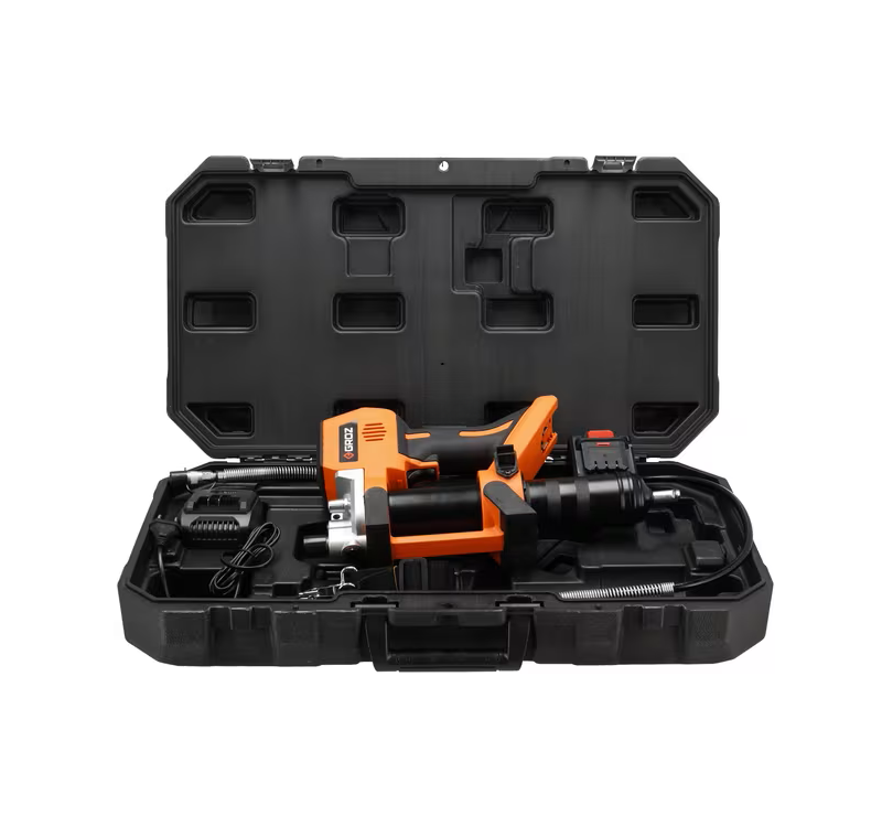 Pistol de gresat cu acumulator Groz 47271GROZ, cu furtun și încărcător, în cutia de transport deschisă