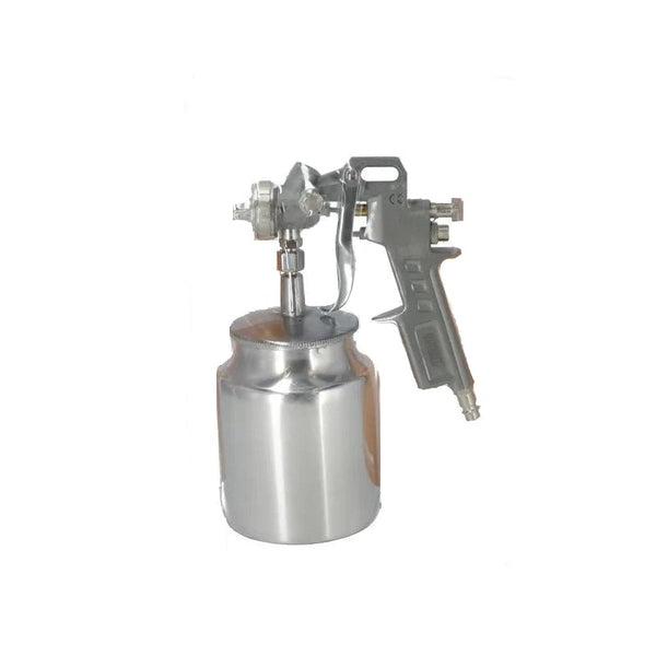 Pistol de vopsit cu recipient inferior pentru compresor, rezervor 1L, duză 1,5 mm și racord 1/4 inch. Potrivit pentru aplicarea vopselelor și lacurilor.
