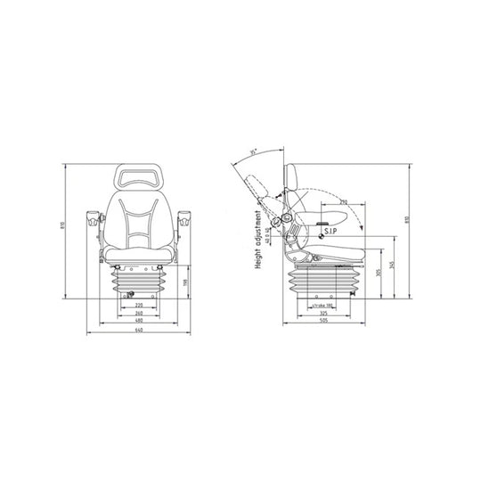 Dimensiuni și specificații tehnice scaun tractor C-385 cu sistem de reglaj