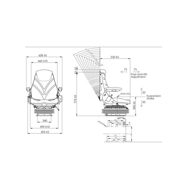 Dimensiuni și specificații tehnice scaun tractor cu reglaj spătar 30 grade și cursă suspensie 10cm