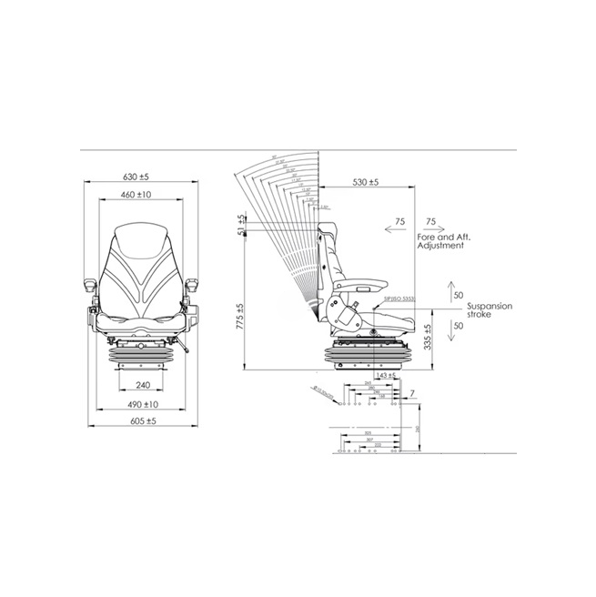 Dimensiuni și specificații tehnice scaun tractor cu reglaj spătar 30 grade și cursă suspensie 10cm