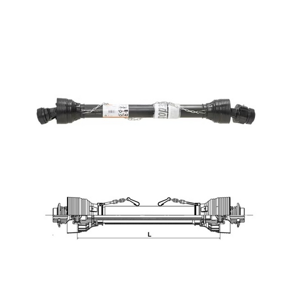 Arbore cardanic PTO 50 lungime 1010mm ambreiaj roată liberă vedere completă și desen tehnic