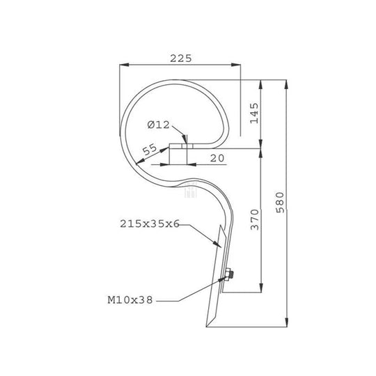 Dinte arc cultivator cu dalță 32x12x590mm Dowdeswell dimensiuni tehnice
