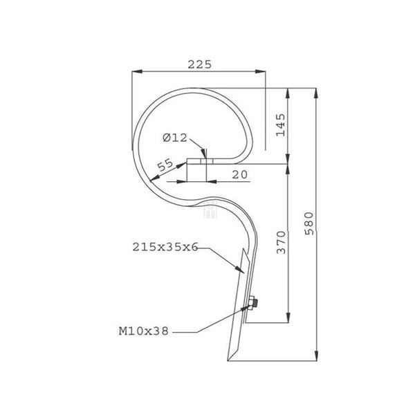 Dinte arc cultivator cu dalță 32x12x590mm Dowdeswell dimensiuni tehnice
