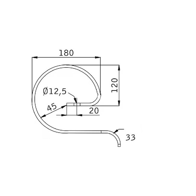 Arc întăritor CP511 desen tehnic - lățime 180mm, înălțime 120mm, orificiu Ø12,5mm, lățime arc 32mm