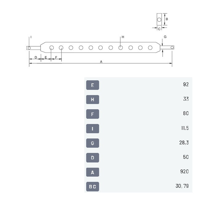 Bară tracțiune categoria 2 960mm - desen tehnic cu dimensiuni (920mm lungime totală, diametru bolț 28,3mm, 9 orificii)