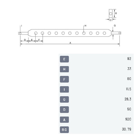 Bară tracțiune categoria 2 960mm - desen tehnic cu dimensiuni (920mm lungime totală, diametru bolț 28,3mm, 9 orificii)