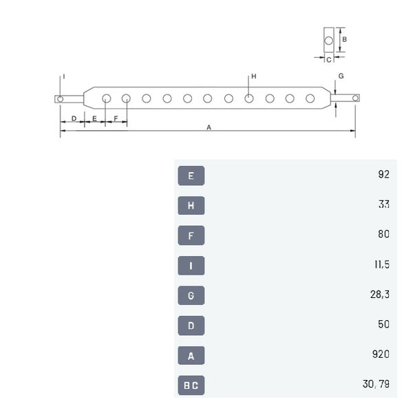 Bară tracțiune categoria 2 960mm - desen tehnic cu dimensiuni (920mm lungime totală, diametru bolț 28,3mm, 9 orificii)