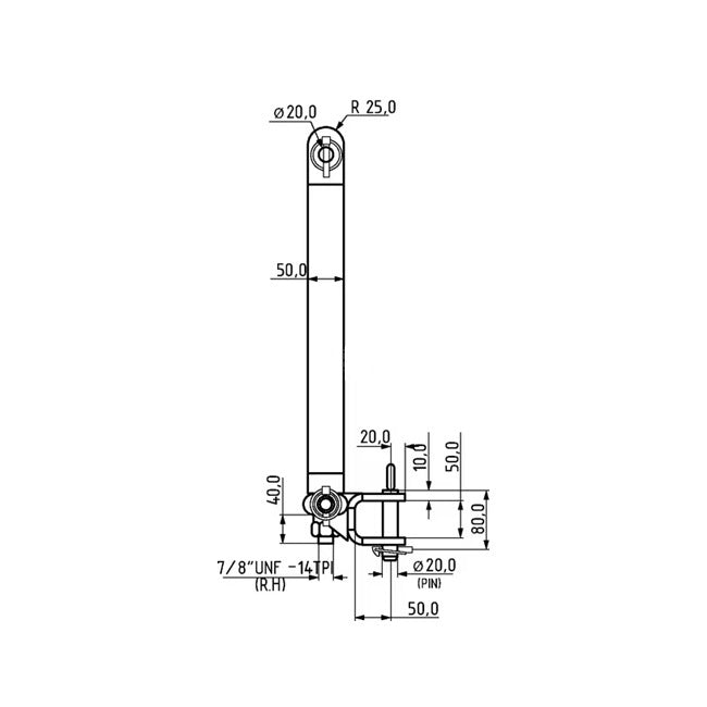 Desen tehnic bară tractare 3 puncte - vedere laterală cu înălțime 525 mm și bilă 50 mm