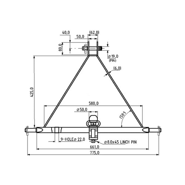 Detaliu tehnic cuplă remorcare - dimensiuni bilă cârlig și bolț de tragere 20 mm