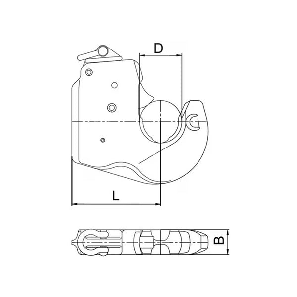 Schemă tehnică cârlig inferior categoria 2 - dimensiuni 56mm orificiu, grosime 35mm, distanță 130mm