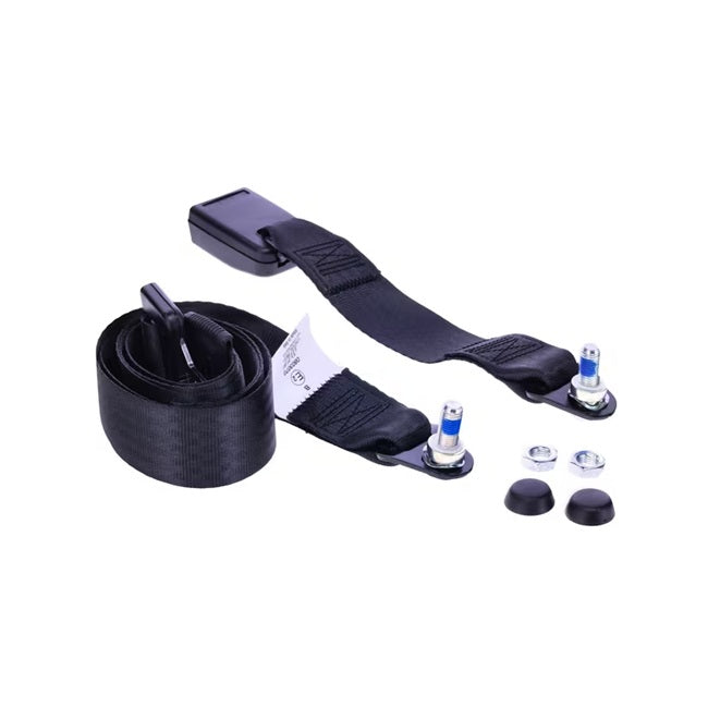 Centură de siguranță neagră statică 2 puncte desfăcută cu accesorii montare șuruburi și capace