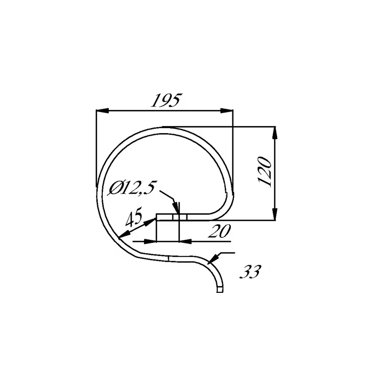 Desen tehnic arc întăritor CP514 32x10 mm, cu orificiu Ø12,5 mm și cote de 195, 120, 45, 20 și 33 mm