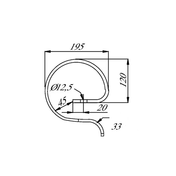 Desen tehnic arc întăritor CP514 32x10 mm, cu orificiu Ø12,5 mm și cote de 195, 120, 45, 20 și 33 mm