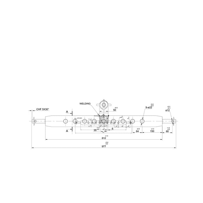 Bară de remorcare categoria 2 în 3 puncte - schemă tehnică cu dimensiuni 977mm lățime exterioară