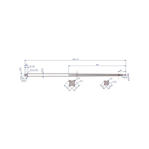 Desen tehnic dinte încărcător drept 35x1200mm - dimensiuni și specificații bolt elastic