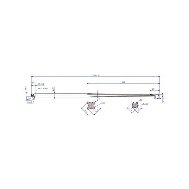 Desen tehnic dinte încărcător drept 35x1200mm - dimensiuni și specificații bolt elastic