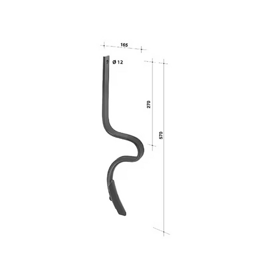 Specificații tehnice dinte arc scormonitor: înălțime 570mm, lățime 32mm, grosime 10mm, gaură montare 12mm