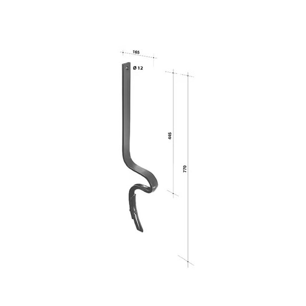 Specificații tehnice dinte arc scormonitor: înălțime 770mm, lățime 40mm, grosime 10mm, gaură montare 12mm