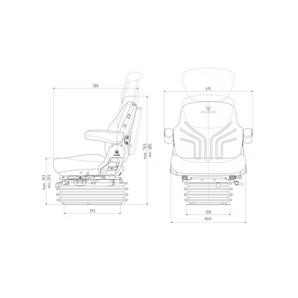 Dimensiuni tehnice scaun cu suspensie pneumatică MSG95G/721 - vedere laterală și frontală G1248637