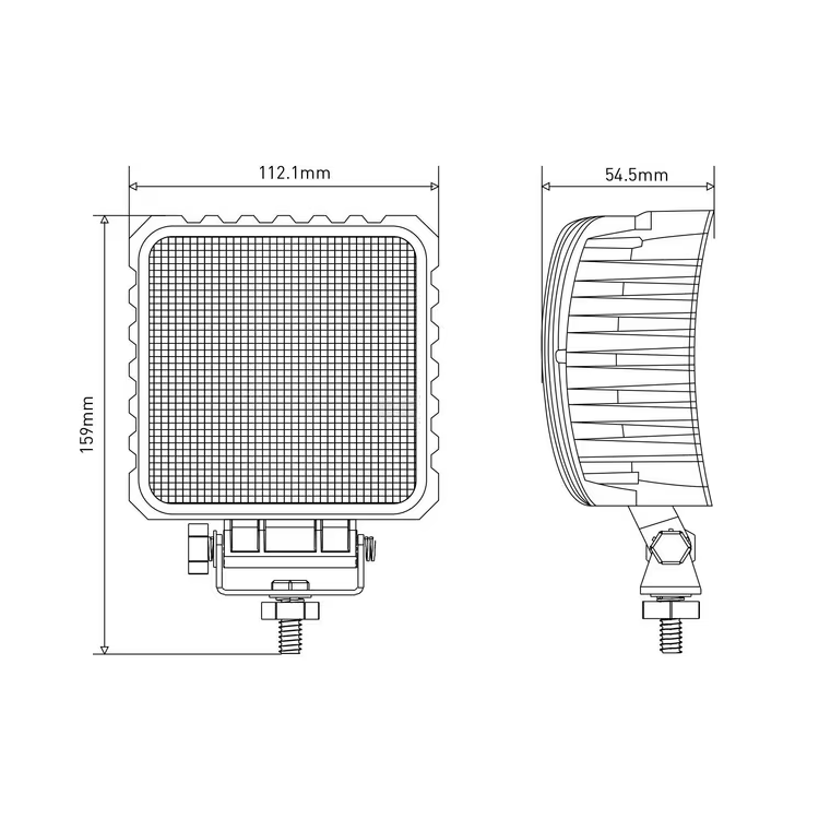 Desen tehnic lampă LED LA10047, vedere frontală și laterală, lățime 112,1 mm, adâncime 54,5 mm și înălțime totală 159 mm