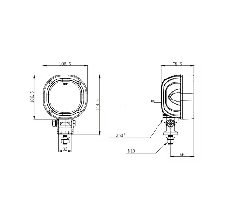 Desen tehnic lampă LED LA10557, lățime 106,5 mm, înălțime 144,3 mm și adâncime 78,5 mm