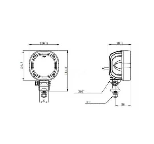 Desen tehnic lampă LED LA10557, lățime 106,5 mm, înălțime 144,3 mm și adâncime 78,5 mm