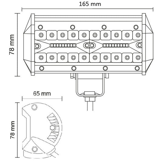 Schemă tehnică lampă LED 165x78x65mm cu dispunere LED-uri și suport de montaj
