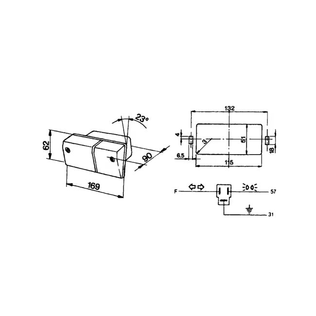 Lampă față dreaptă Fiat dimensiuni 169x90x62mm desen tehnic
