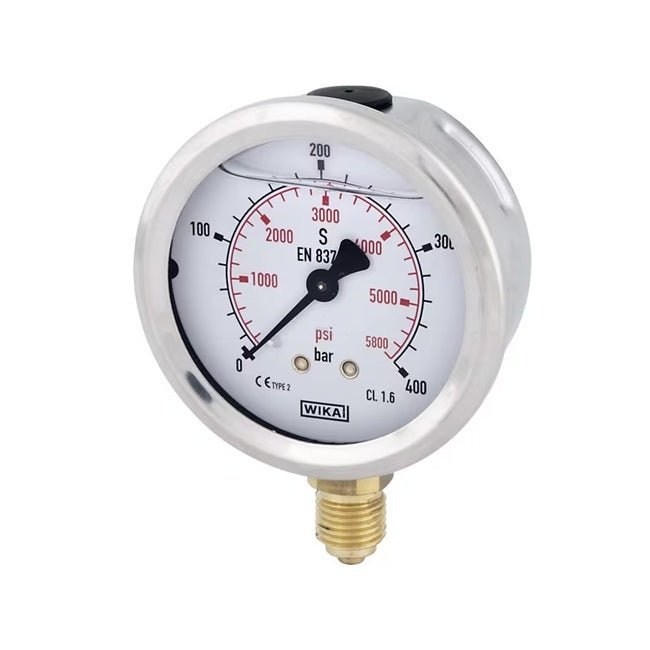 Manometru cu glicerină WIKA 400 bar Ø63 mm conectare inferioară 1/4" BSP, carcasă inox