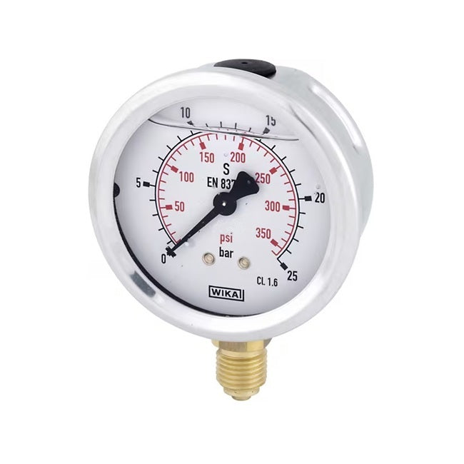 Manometru cu glicerină WIKA 25 bar Ø63 mm conectare inferioară 1/4" BSP, carcasă inox