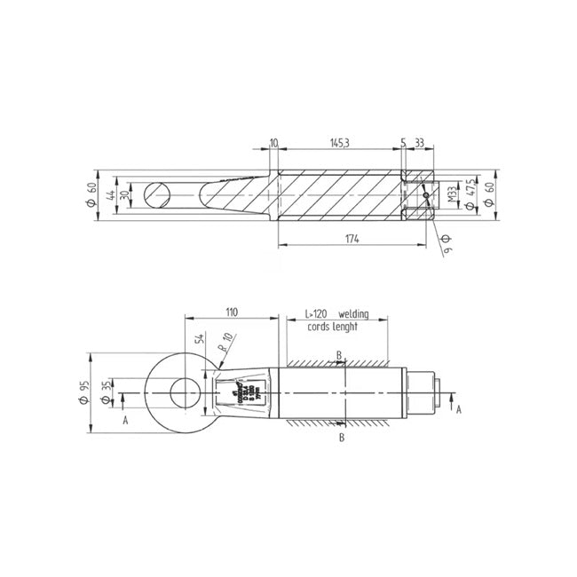 Desen tehnic ochi de remorcare rotativ 35mm 14T - dimensiuni și specificații OTO161
