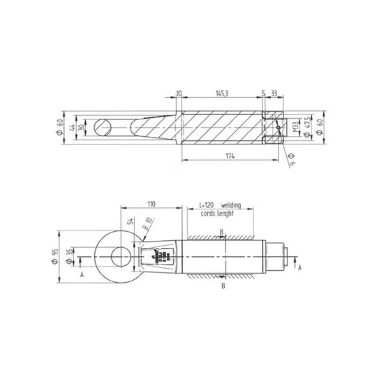 Desen tehnic ochi de remorcare rotativ 35mm 14T - dimensiuni și specificații OTO161
