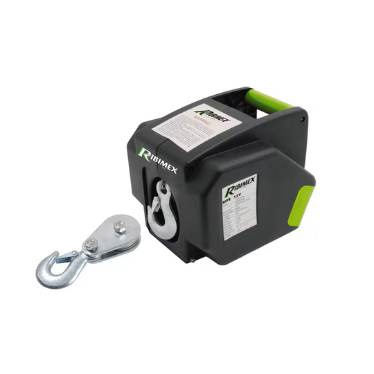 Troliu auto Ribimex PE12V 12 V, cu mâner verde și cârlig cu scripete, vedere laterală.