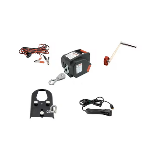Troliu auto PE12V cu accesorii: cabluri cu clești, manivelă, suport de montaj și telecomandă cu fir.