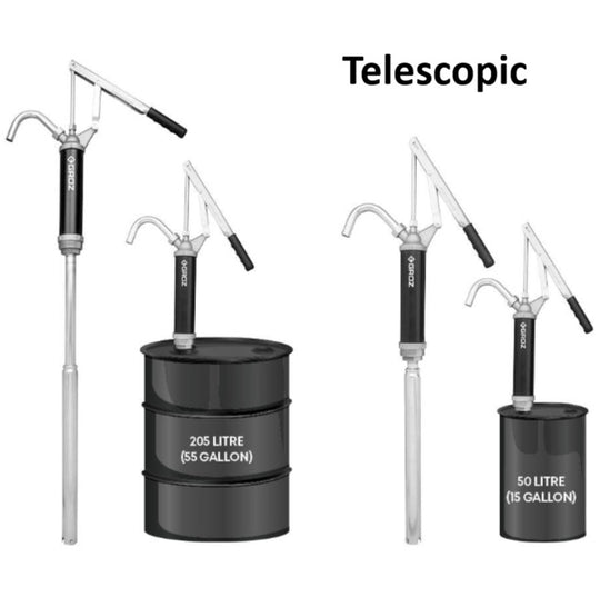 Pompă manuală profesională GROZ cu tub telescopic pentru butoaie de diferite dimensiuni - 50L și 205L