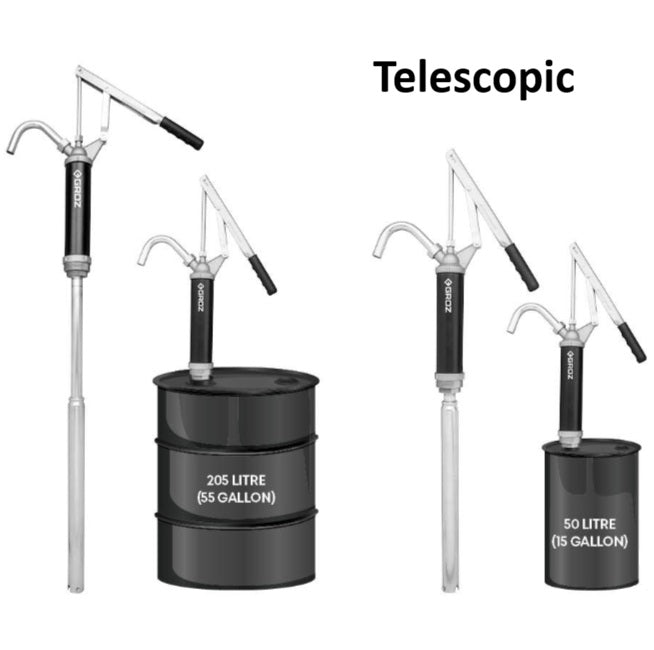Pompă manuală profesională GROZ cu tub telescopic pentru butoaie de diferite dimensiuni - 50L și 205L