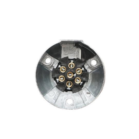 Detaliu priză metal 7 pini pentru iluminare remorcă, construcție durabilă profesională
