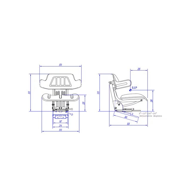 Scaun PVC cu suspensie mecanică desen tehnic: dimensiuni 570x525x510mm, cursă suspensie 8cm, schemă montaj detaliat
