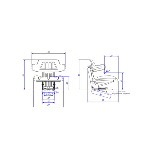 Scaun PVC cu suspensie mecanică desen tehnic: dimensiuni 570x525x510mm, cursă suspensie 8cm, schemă montaj detaliat